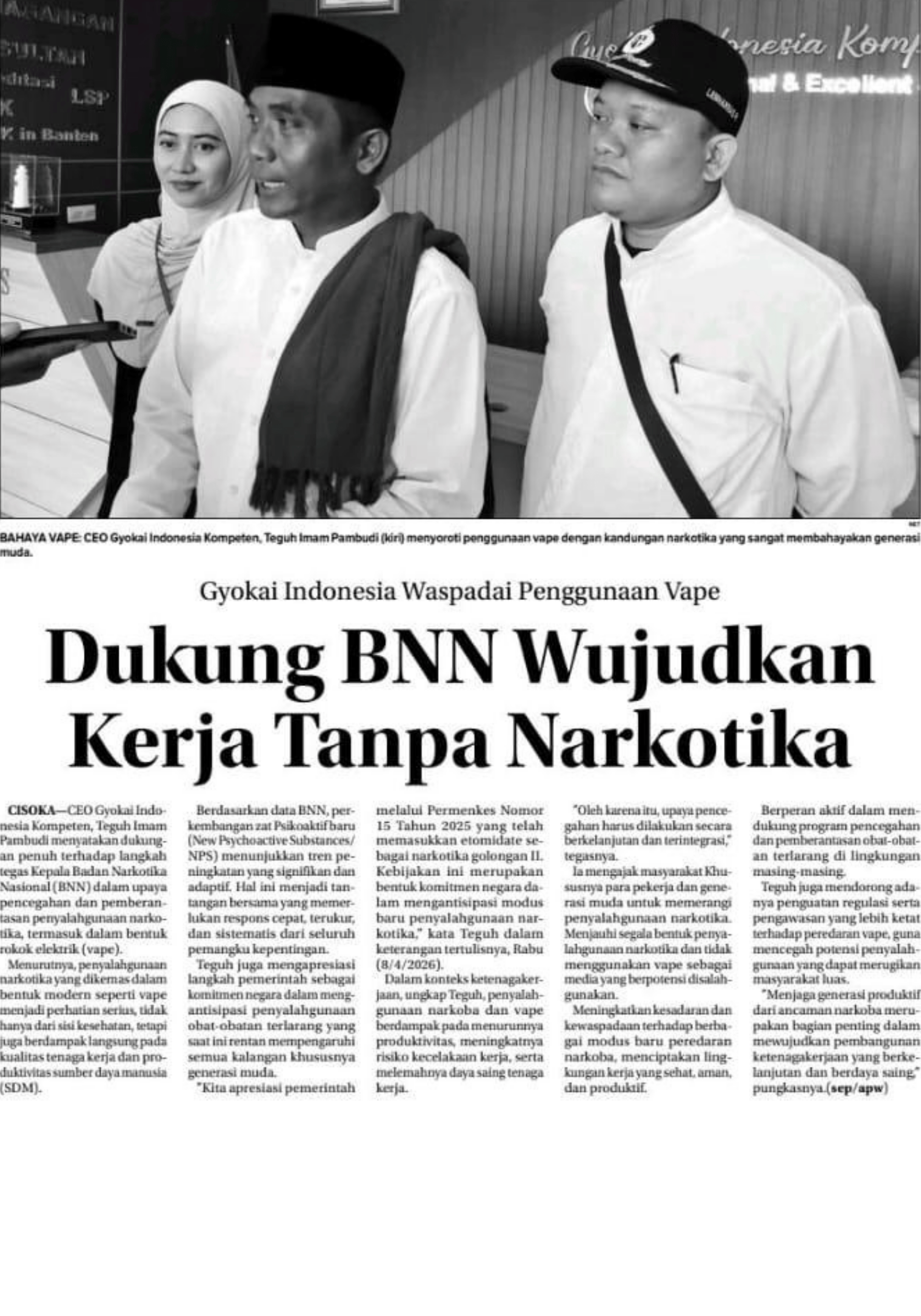 Teguh Imam Pamudi SE, CEO Gyokai Indonesia Kompeten, Dukung Langkah BNN Wujudkan Kerja Tanpa Obat Terlarang